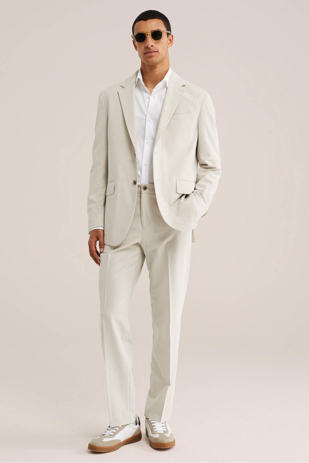 Beige heren WE Fashion slim fit colbert van polyester met effen en V-hals