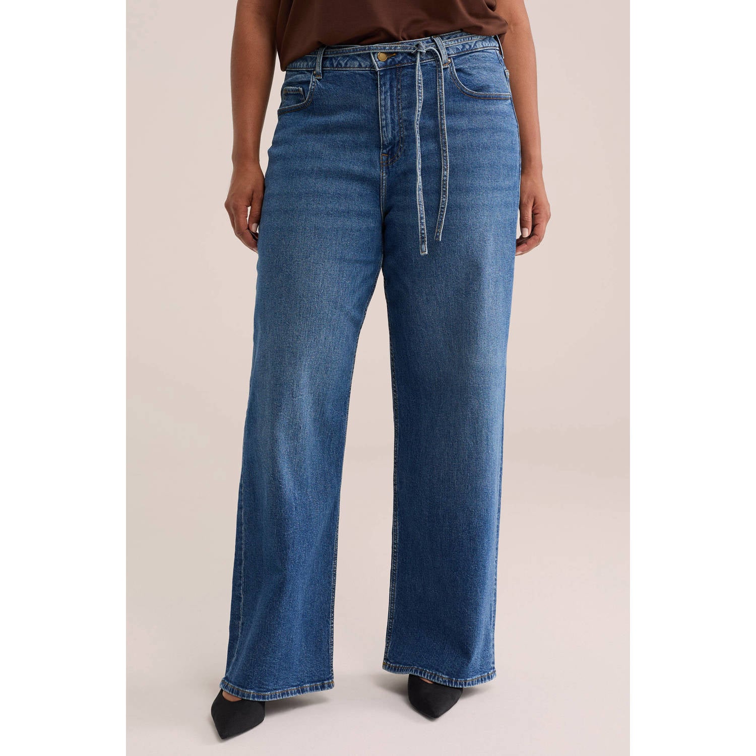 WE Fashion Plus Size wide leg jeans met ceintuur medium blue denim