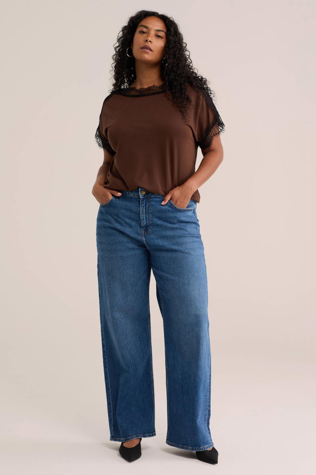 WE Fashion Plus Size wide leg jeans met ceintuur - medium blue denim