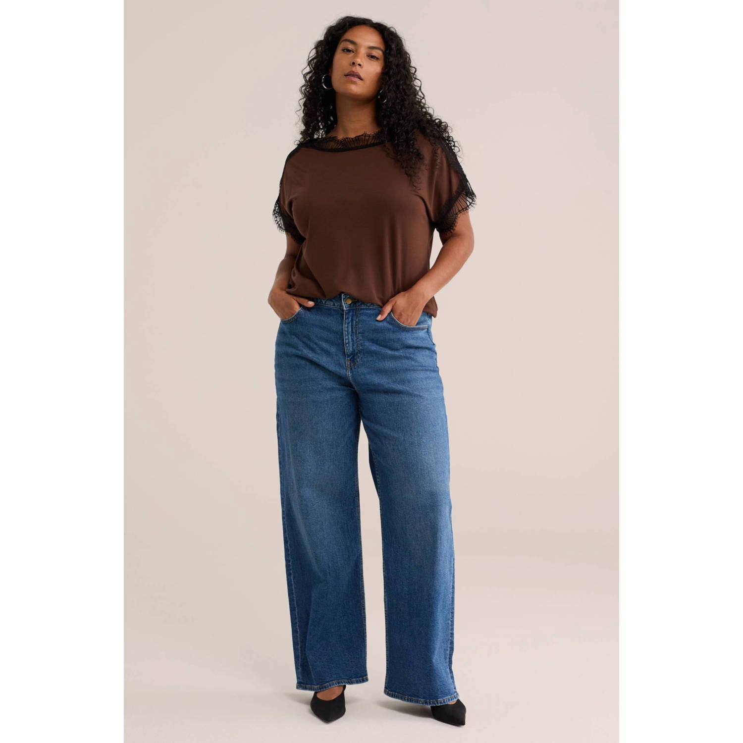 WE Fashion Plus Size wide leg jeans met ceintuur medium blue denim