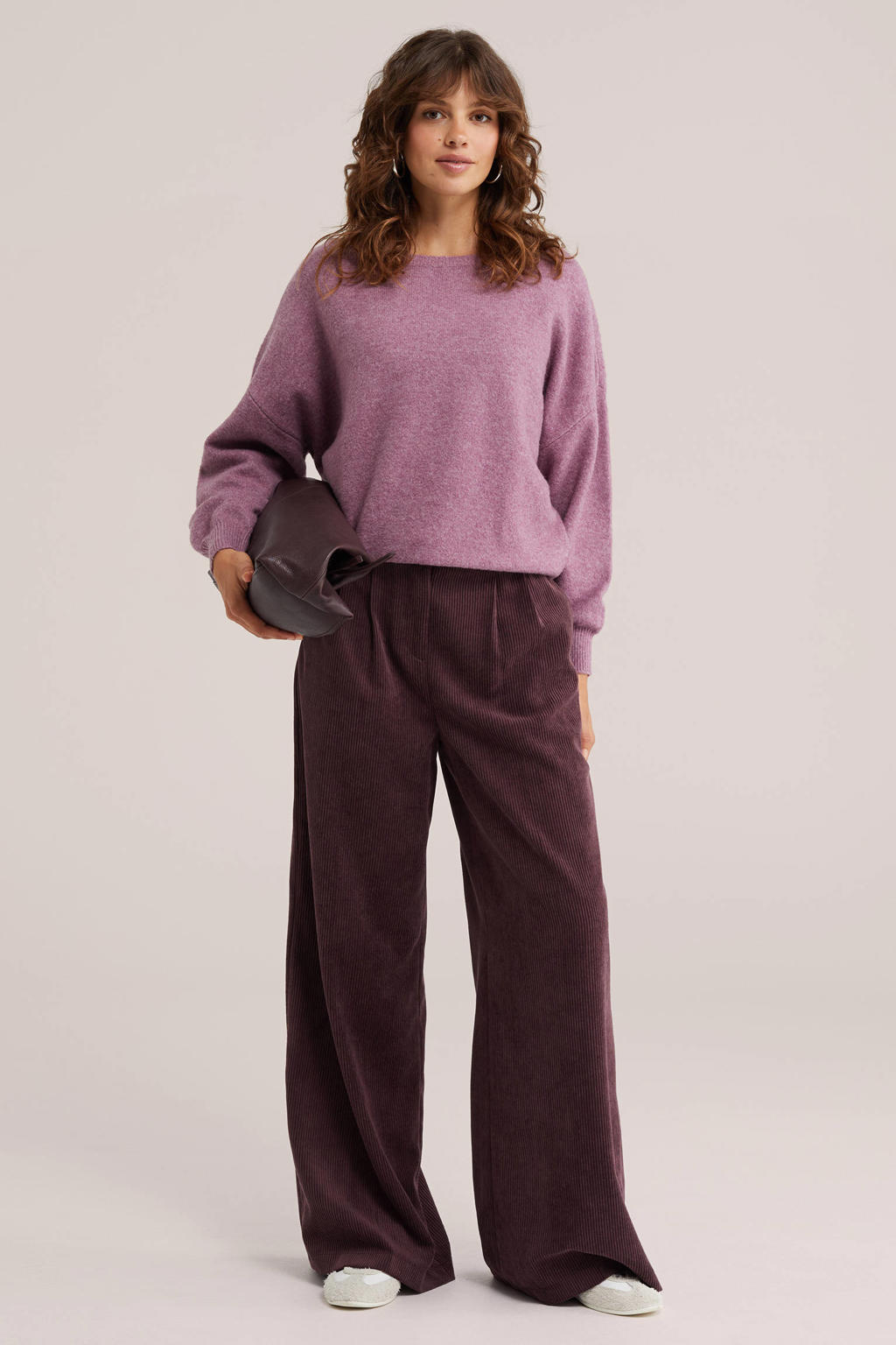 Aubergine dames WE Fashion wide leg corduroy broek met rits, haak- en knoopsluiting en effen
