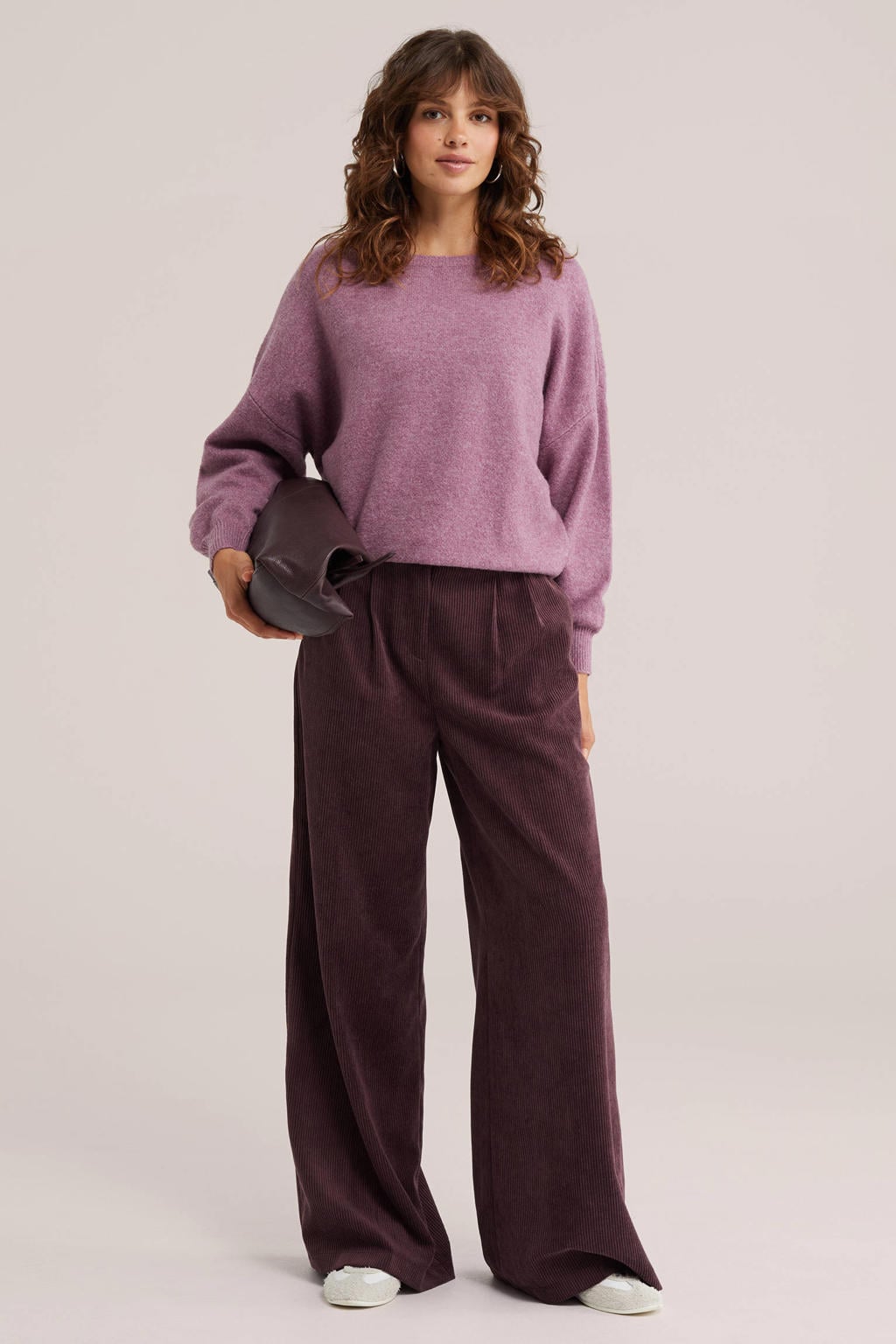 Aubergine dames WE Fashion wide leg corduroy broek met rits, haak- en knoopsluiting en effen