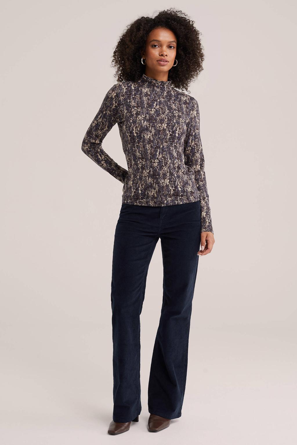 Donkerblauwe dames WE Fashion flared jeans van corduroy met high waist, rits- en knoopsluiting en effen