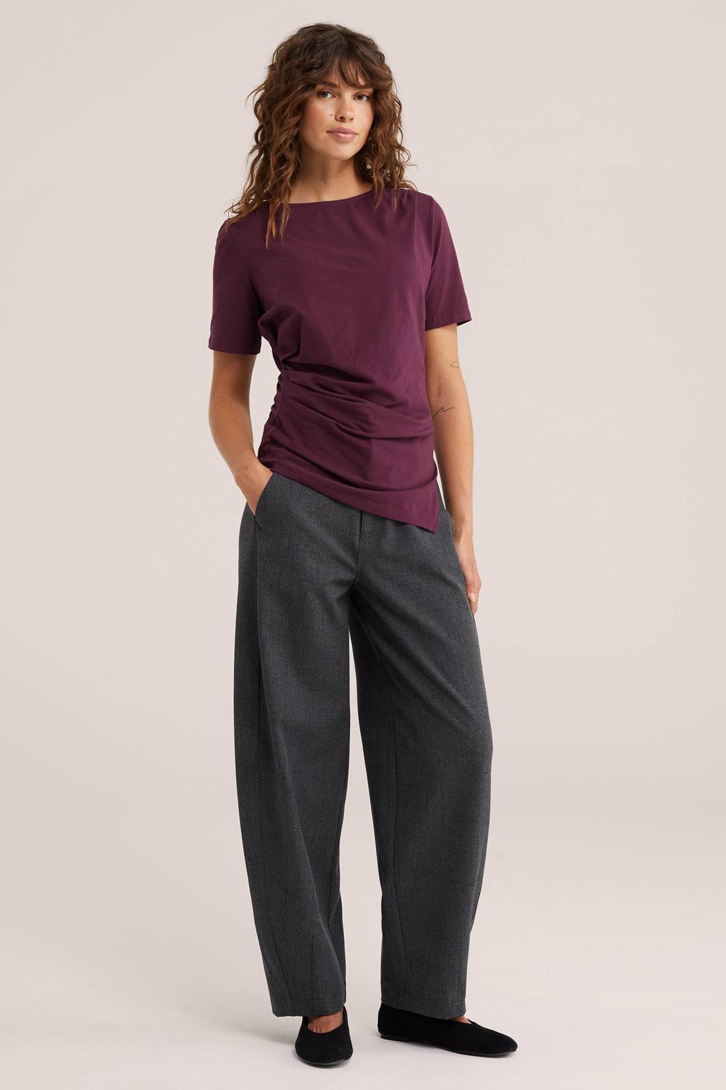 Grijze dames WE Fashion barrel pantalon van polyester met regular waist, rits, haak- en knoopsluiting en effen