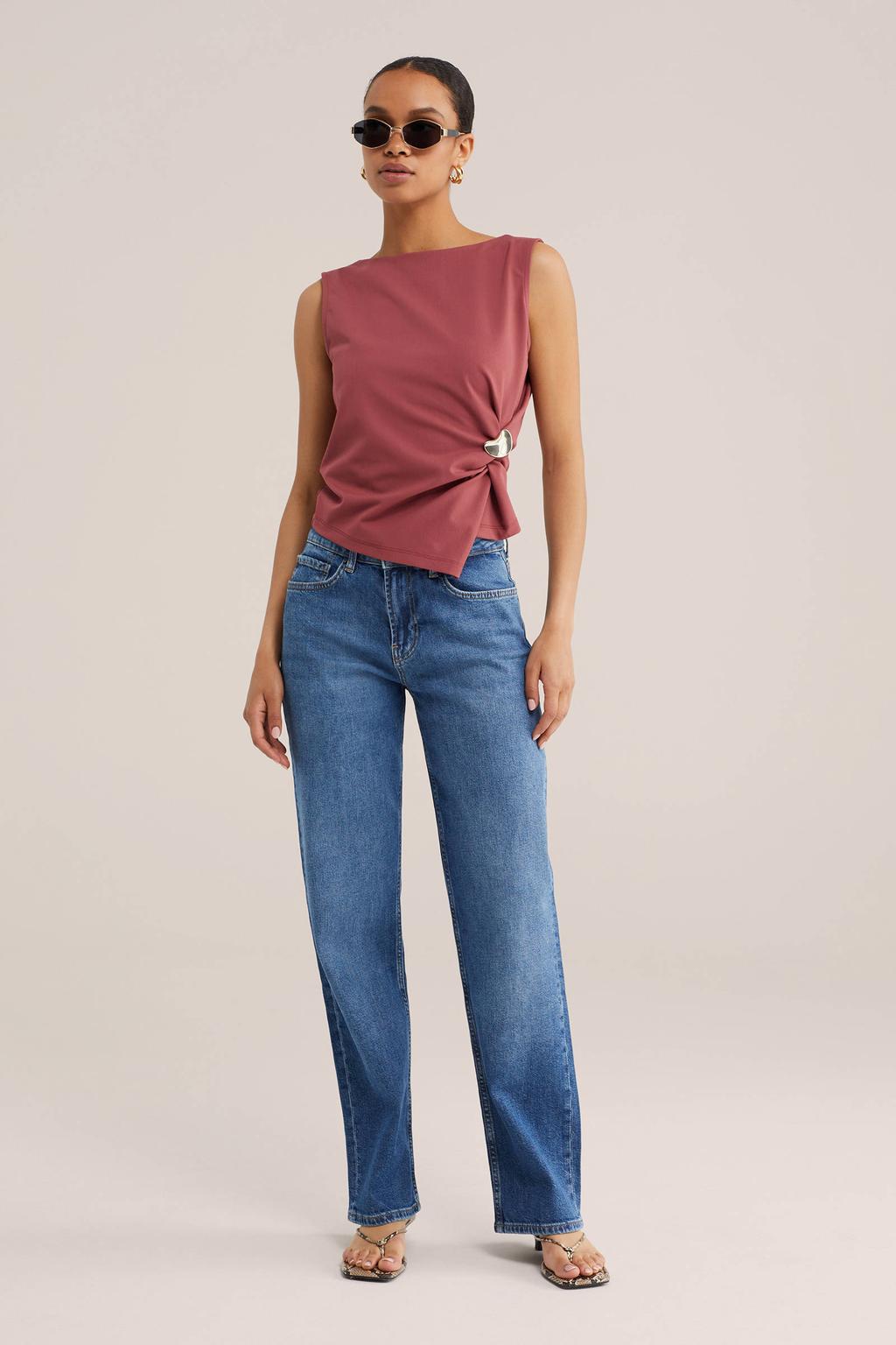 Oudroze dames WE Fashion top van polyester met effen en ronde hals