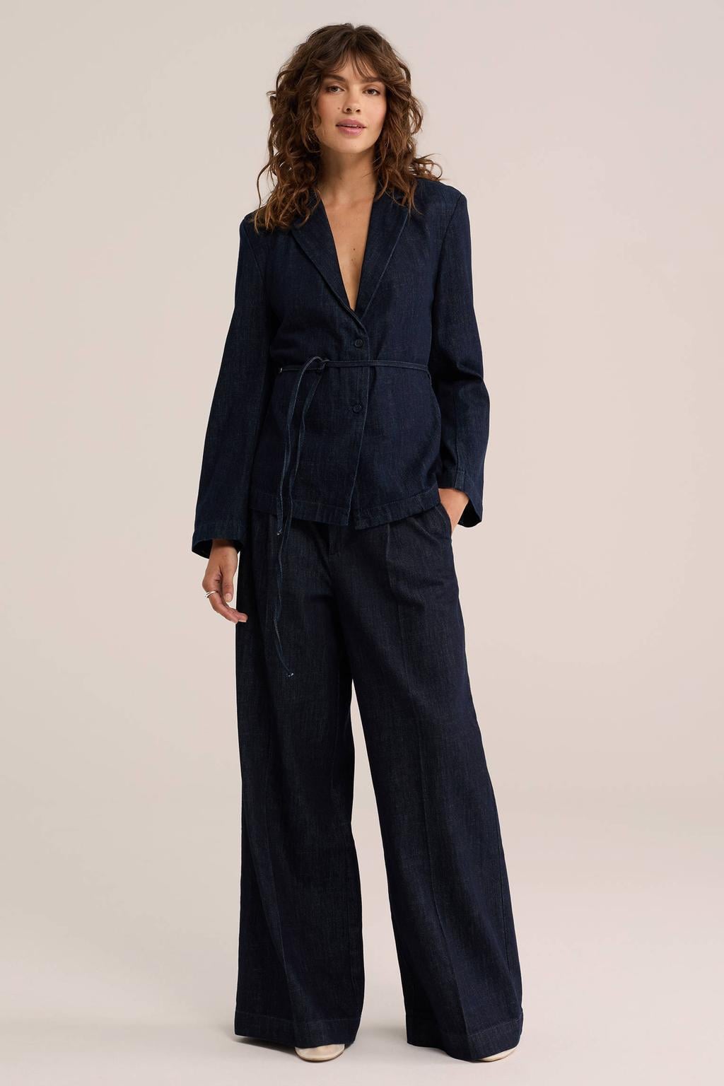 Dark blue denim dames WE Fashion wide leg jeans van denim met rits- en knoopsluiting en effen