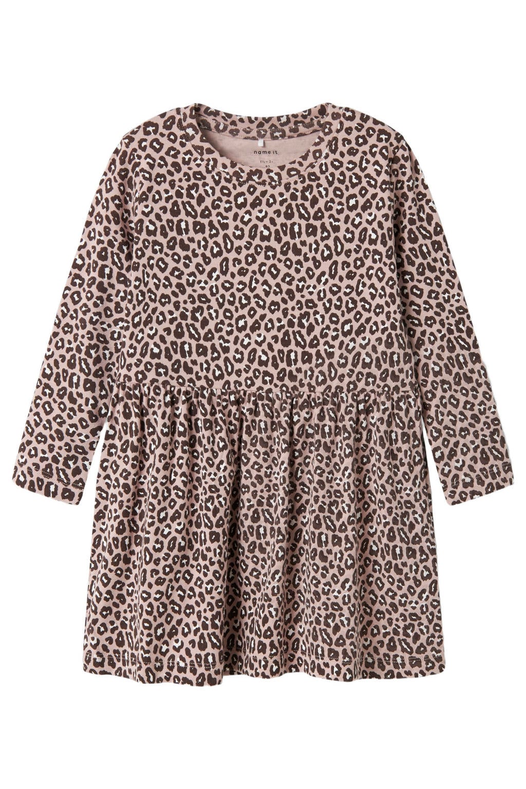 Oudroze en bruine meisjes NAME IT MINI midi jurk met van katoen met panterprint, lange mouwen en ronde hals