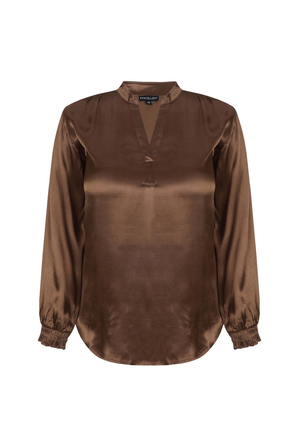 Bruine dames Exxcellent top Plus Size van viscose met effen, lange mouwen en glimmend detail