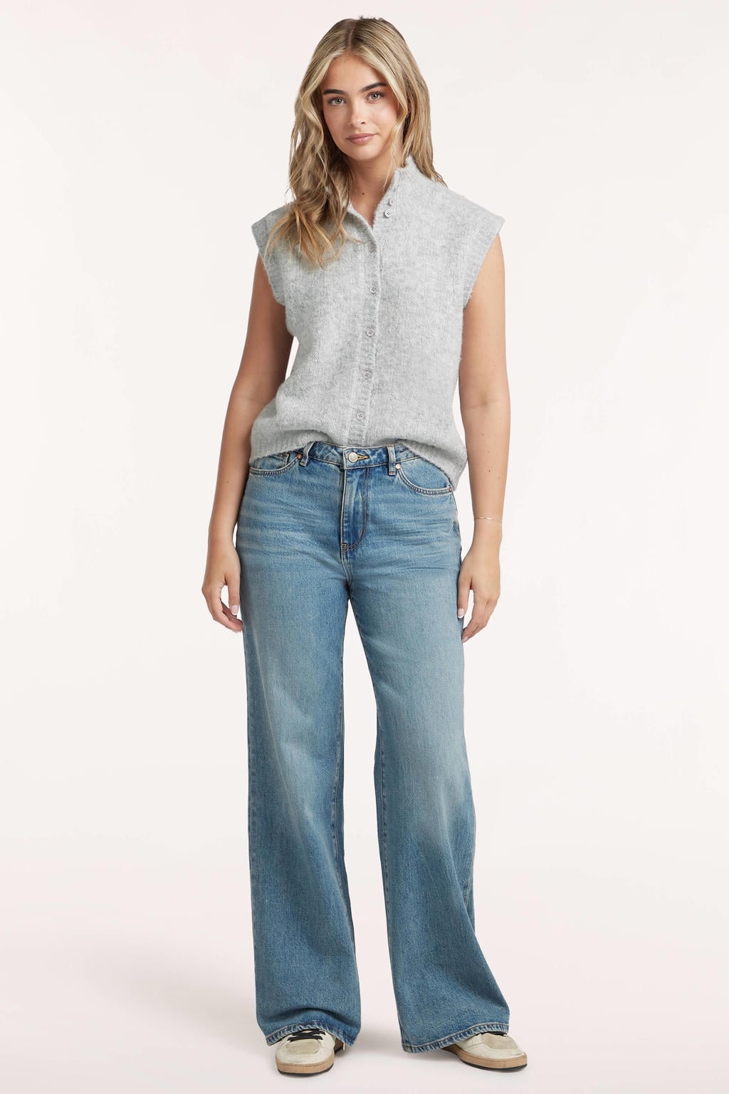 Light blue denim dames Circle of Trust high waist flared jeans van denim met rits- en knoopsluiting en effen