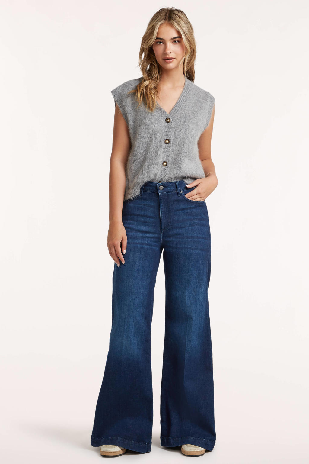 Dark blue denim dames Circle of Trust Palmer wide leg jeans van denim met high waist, rits- en knoopsluiting en effen