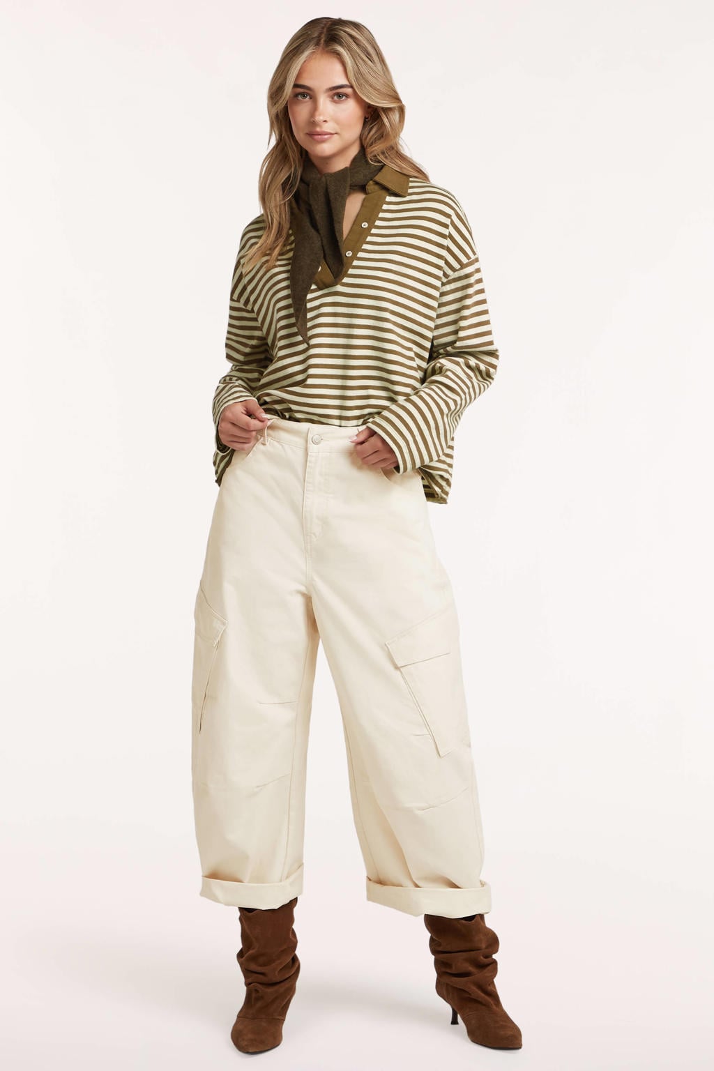 Olijfgroen en beige dames Circle of Trust gestreepte top met lange mouwen en klassieke kraag