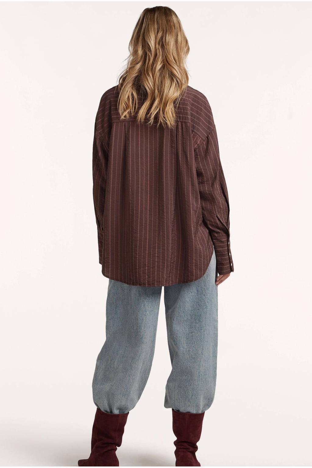 Bruine dames Circle of Trust blouse van modal met krijtstreepprint, lange mouwen, klassieke kraag en knoopsluiting