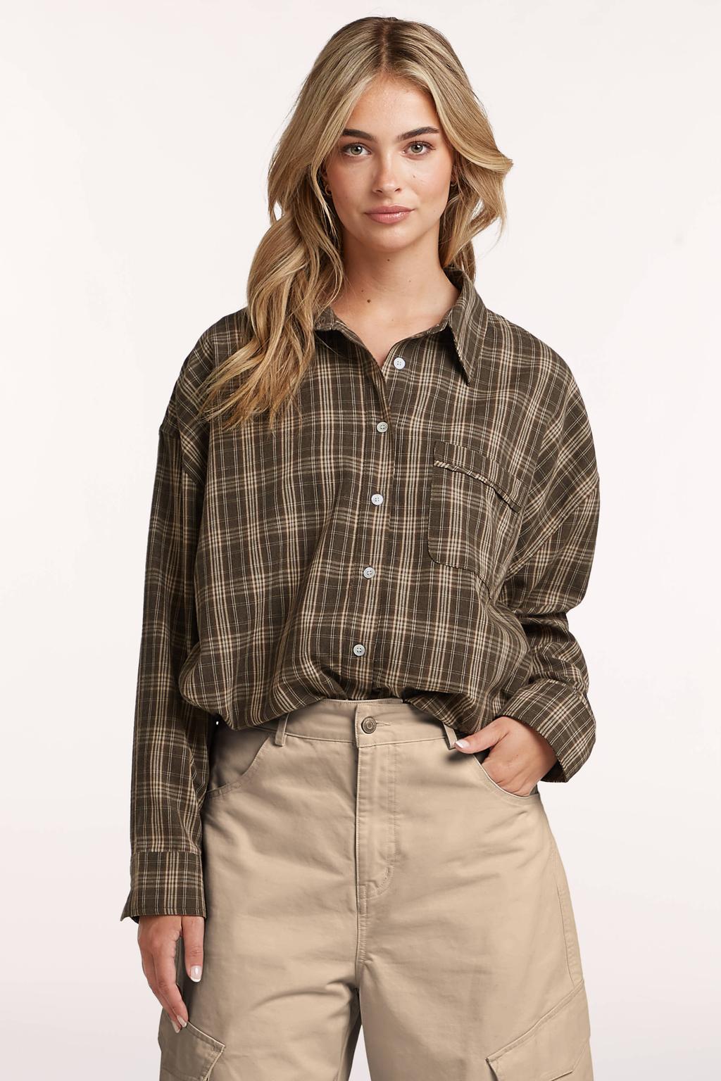 Bruine dames Circle of Trust geruite blouse van katoen met lange mouwen, klassieke kraag en knoopsluiting