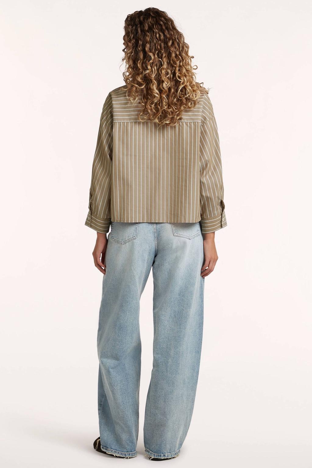 Zand en ecru dames Circle of Trust gestreepte blouse van katoen met lange mouwen, klassieke kraag en knoopsluiting
