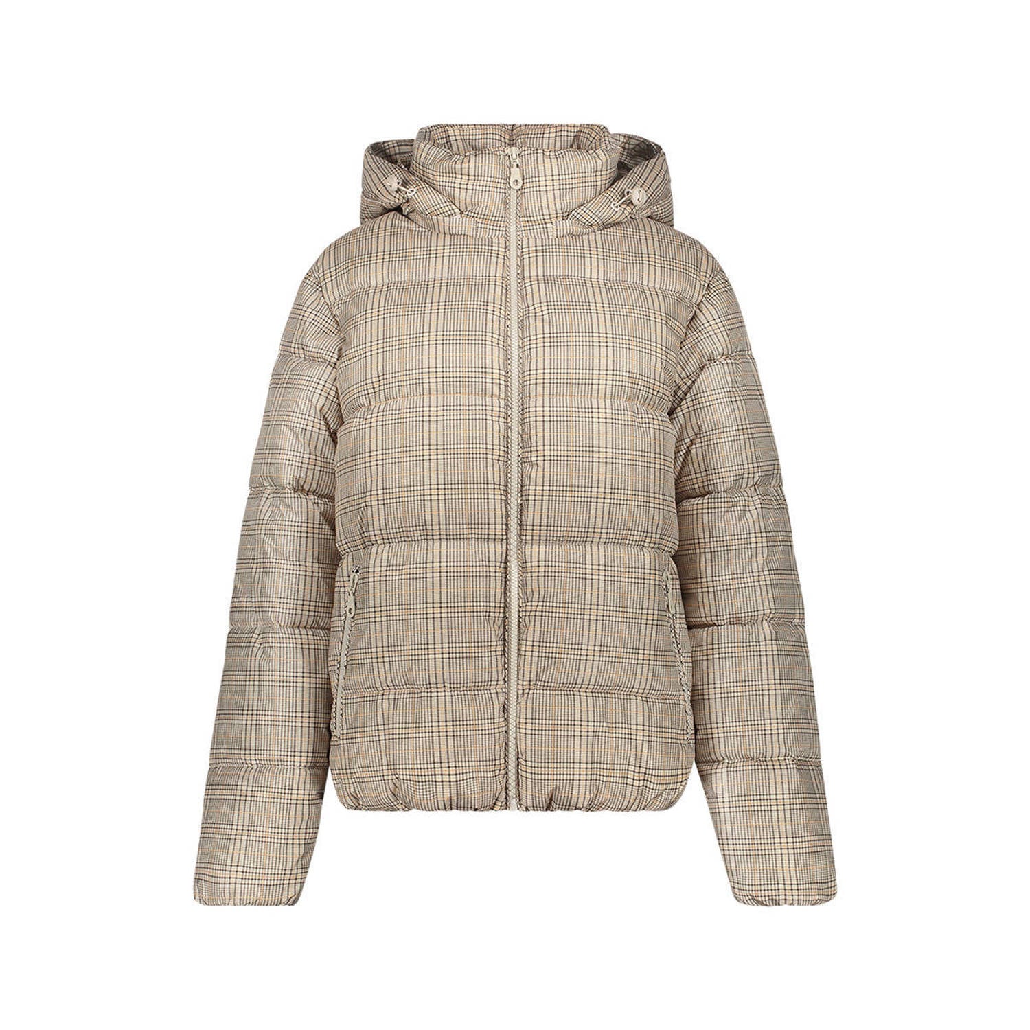 Geisha geruite gewatteerde winterjas beige grijs