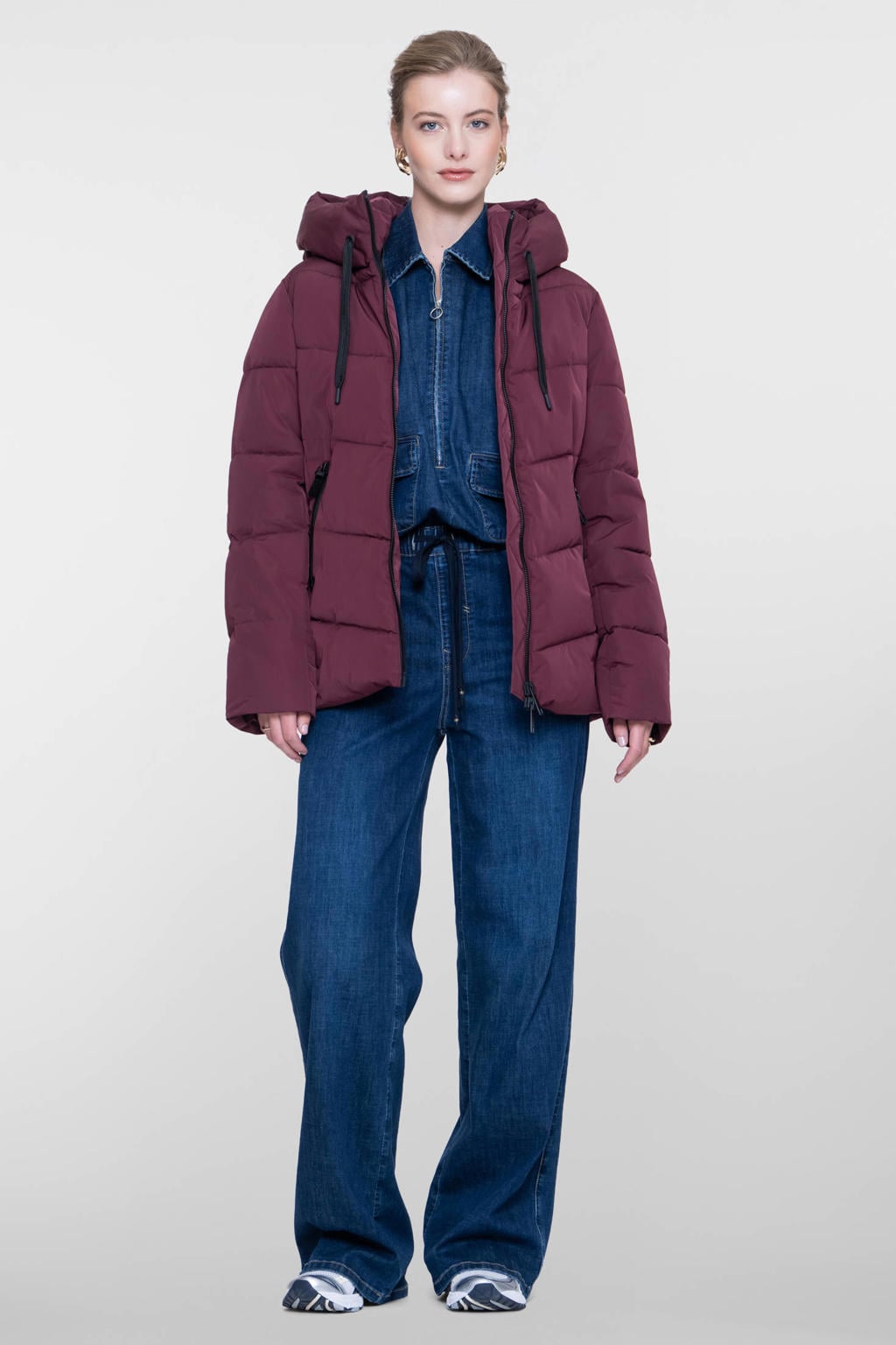 Donkerrode dames Geisha winterjas van polyester met effen, lange mouwen en capuchon