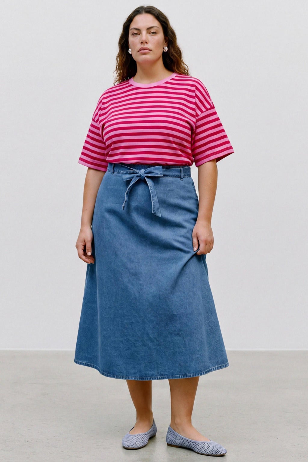 Roze dames VERO MODA CURVE gestreept T-shirt Plus Size van katoen met korte mouwen