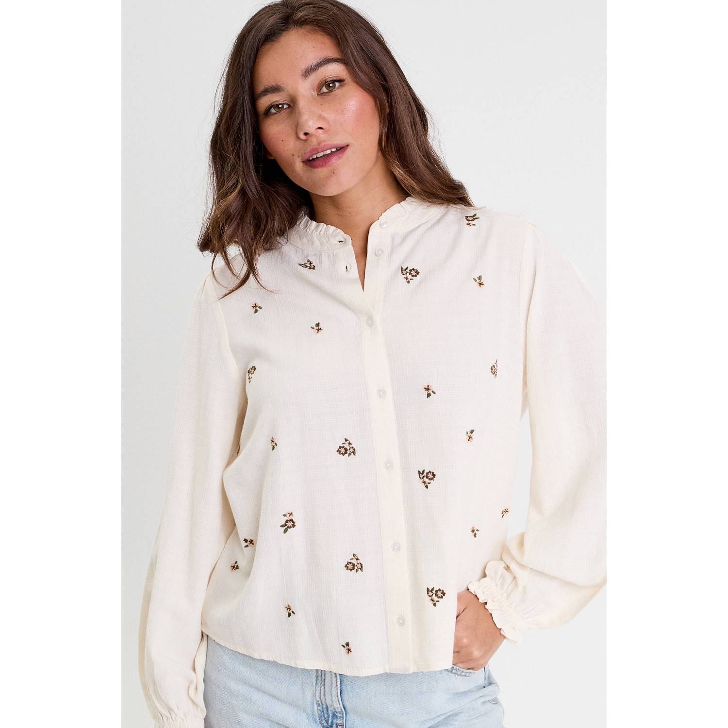 Cache gebloemde blouse met ruches ecru