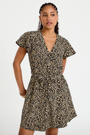mini jurk met ceintuur en panterprint - bruin