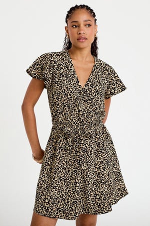 mini jurk met ceintuur en panterprint - bruin