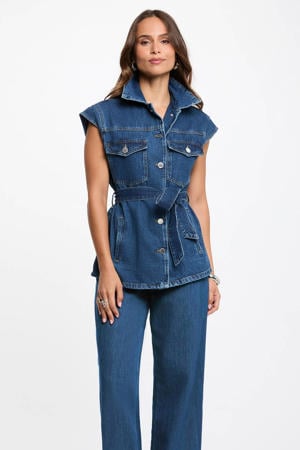 denim gilet met ceintuur - mediumblauw