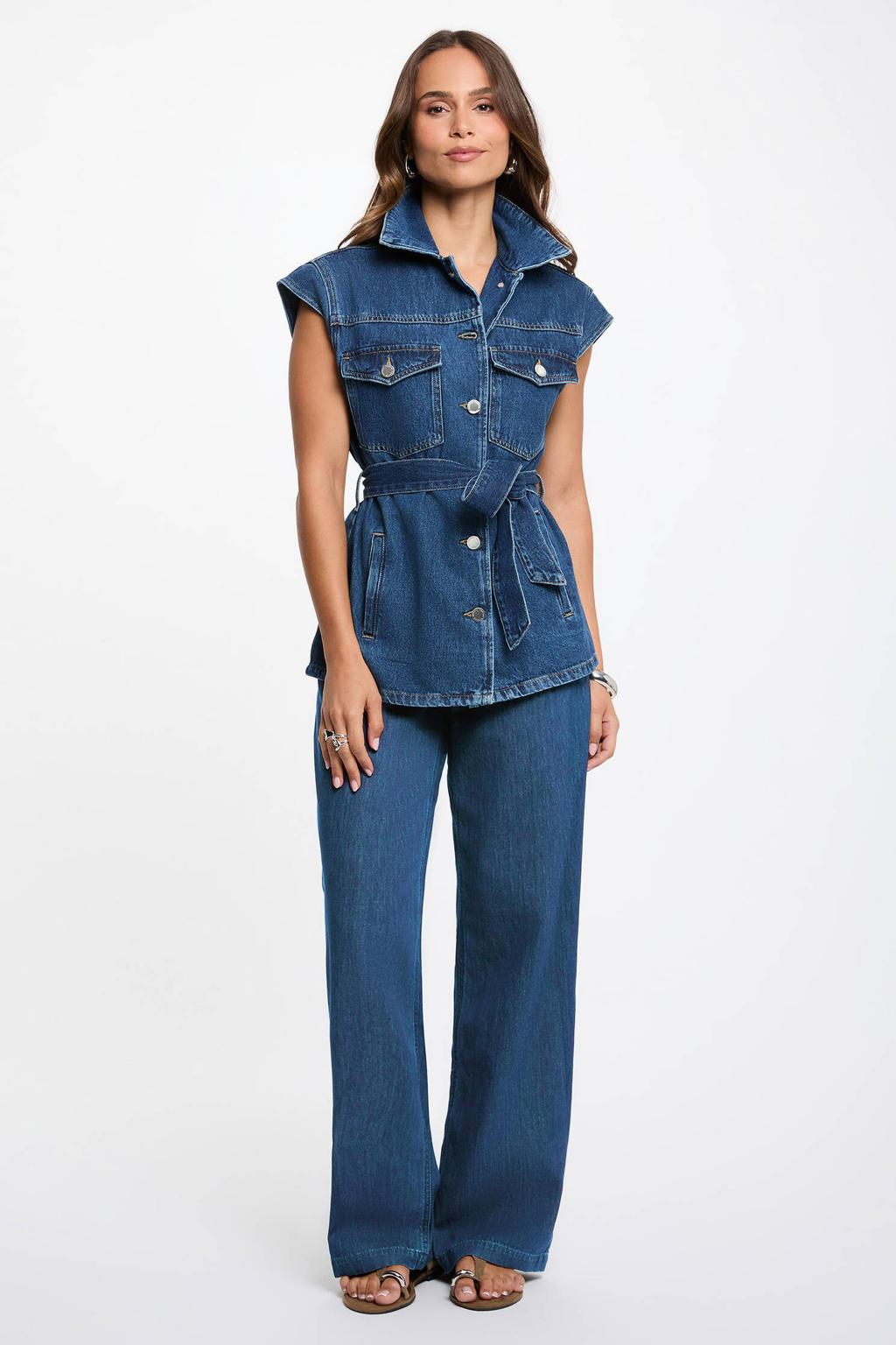 Medium blue denim dames Morgan gilet mediumblauw van denim met effen, korte mouwen, klassieke kraag, knoopsluiting en ceintuur