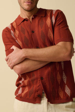 regular fit gebreid geruit T-shirt - donkerrood