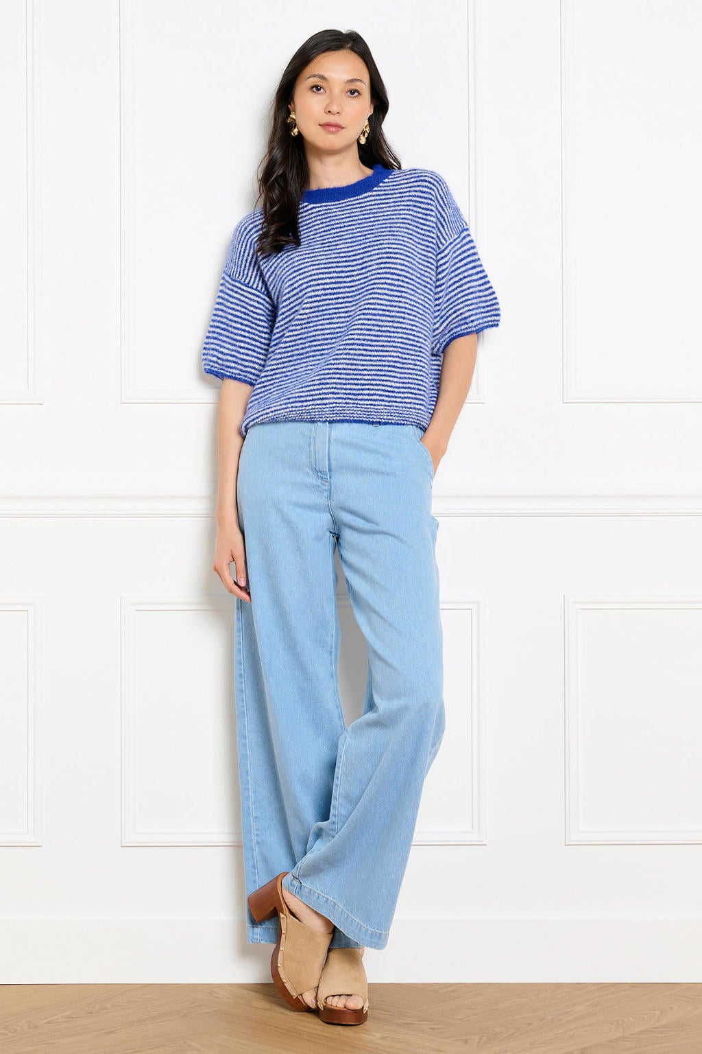 Blauw en witte dames LOLALIZA gestreepte trui van polyester met lange mouwen en ronde hals