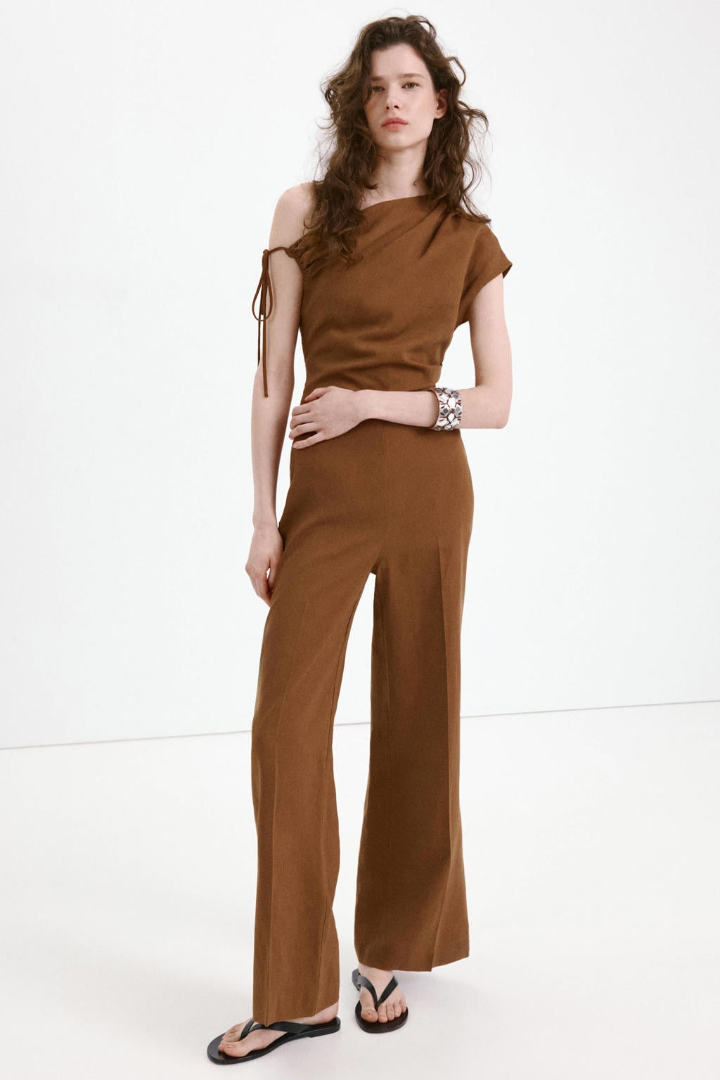 Mango jumpsuit met linnen - bruin