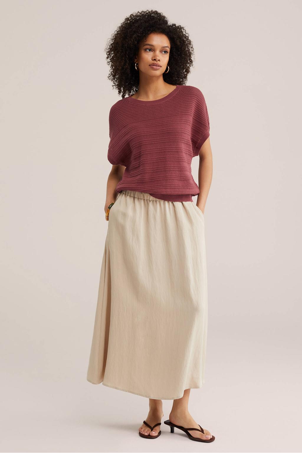 Oudroze dames WE Fashion gebreide top met effen, driekwart mouwen en ronde hals