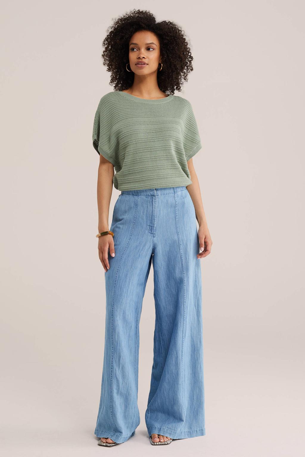 Lichtgroene dames WE Fashion top met effen, driekwart mouwen en ronde hals