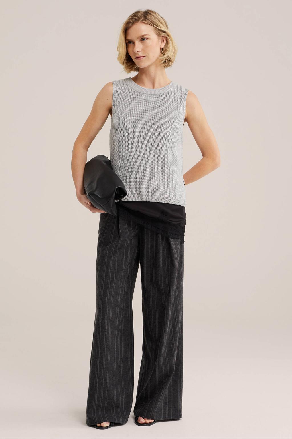 Lichtgrijze dames WE Fashion gebreide top met effen en ronde hals