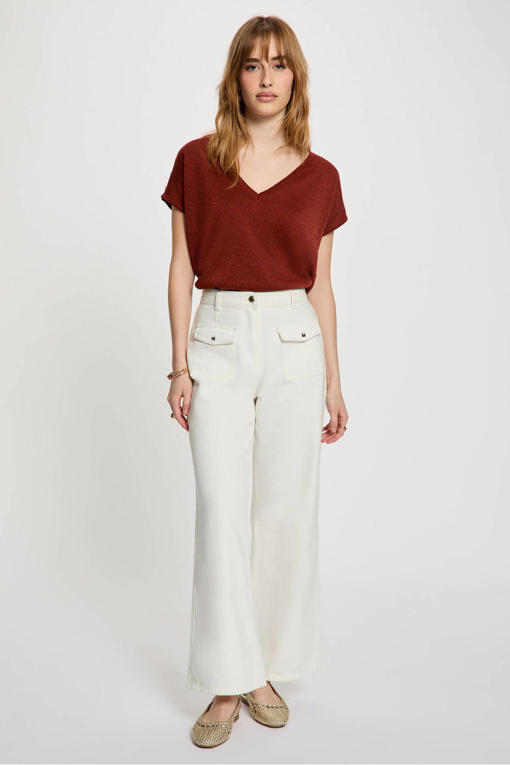 Cognackleurige dames Morgan top van viscose met effen, korte mouwen, V-hals en glitters