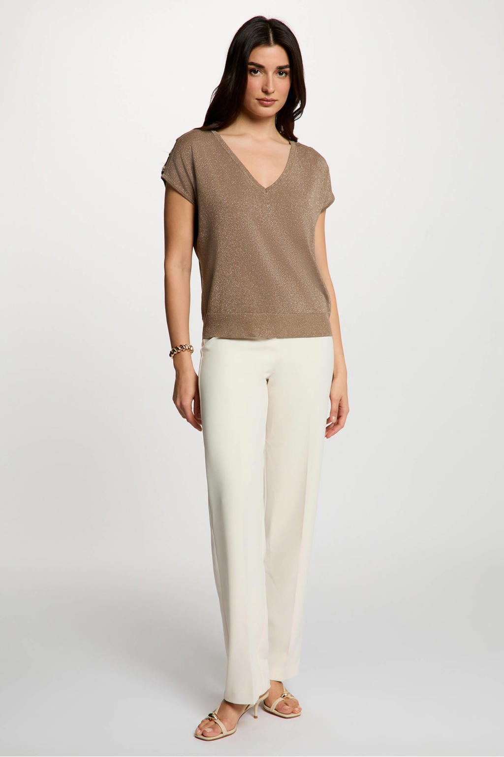 Beige dames Morgan gemêleerde top van viscose met melée print, korte mouwen, V-hals en glitters