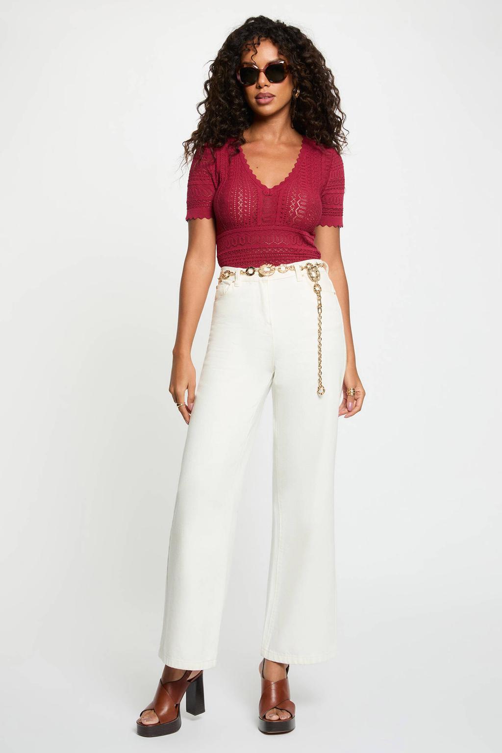 Rode dames Morgan gehaakte top van viscose met effen, korte mouwen, V-hals en crochet