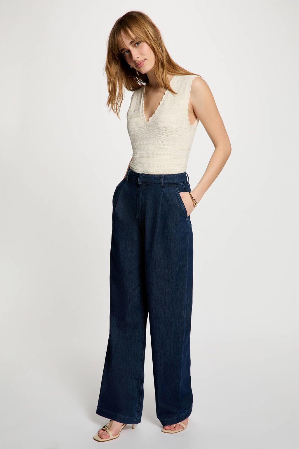 Ecru dames Morgan semi-transparante mouwloze top van viscose met effen en V-hals