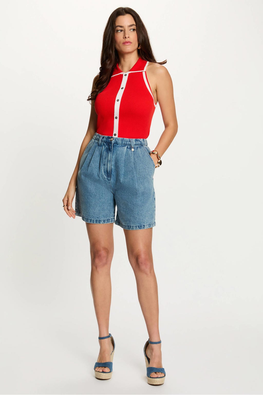 Morgan high waist straight leg denim short met plooien - mediumblauw
