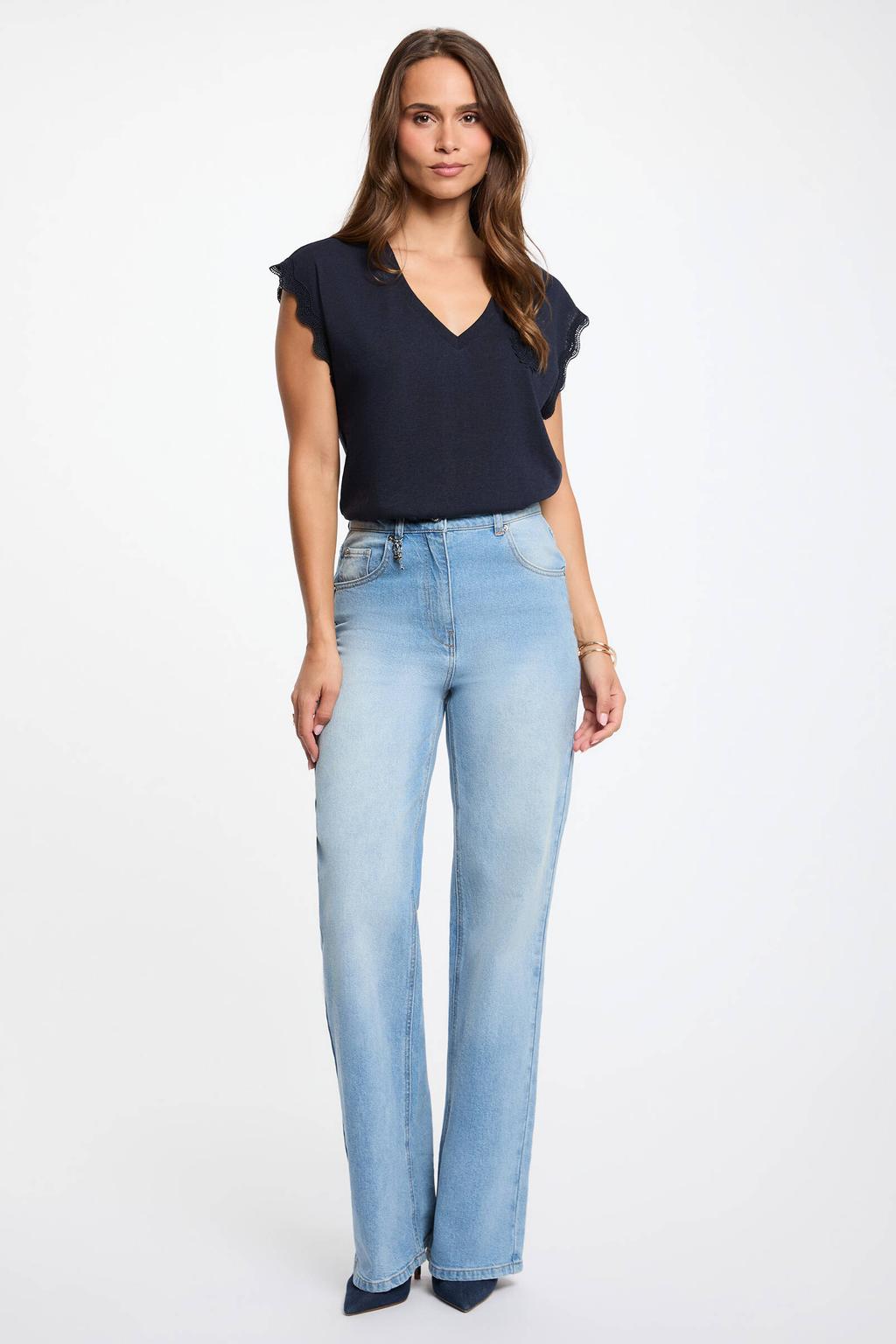 Donkerblauwe dames Morgan T-shirt van polyester met effen, korte mouwen, V-hals en broderie