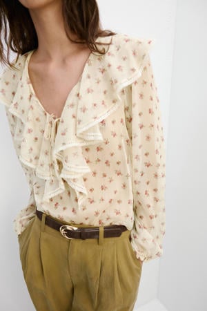 gebloemde blouse met ruches - lichtgeel