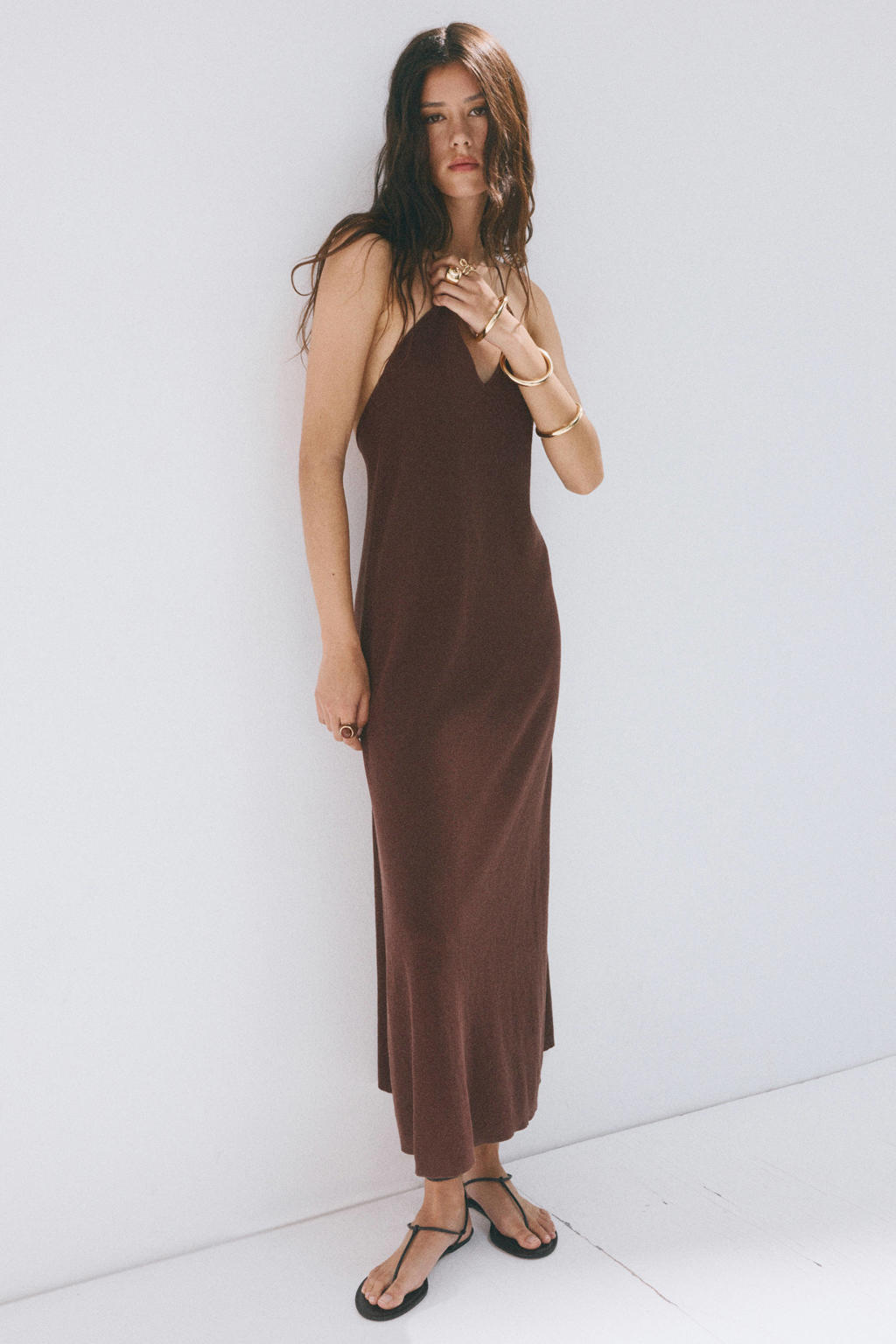 Mango maxi jurk met kraaltjes en linnen - bruin