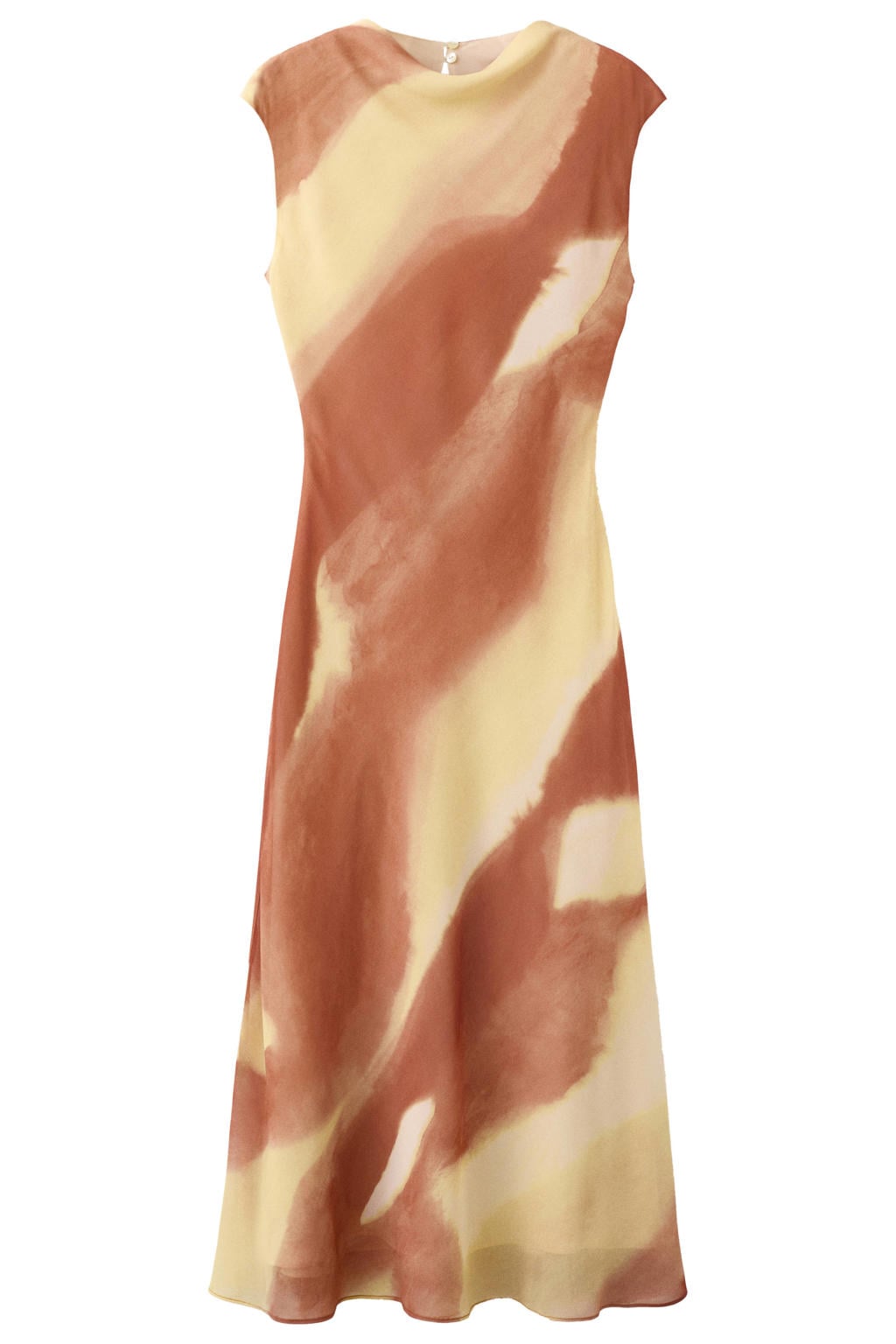 Oranje en gele dames Mango midi jurk van polyester met boothals en knoopsluiting