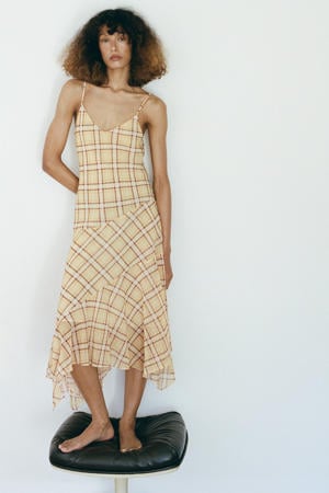 viscose geruite midi jurk - lichtgeel