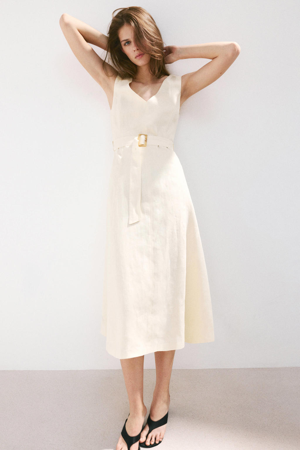 Mango linnen midi jurk met ceintuur - ecru
