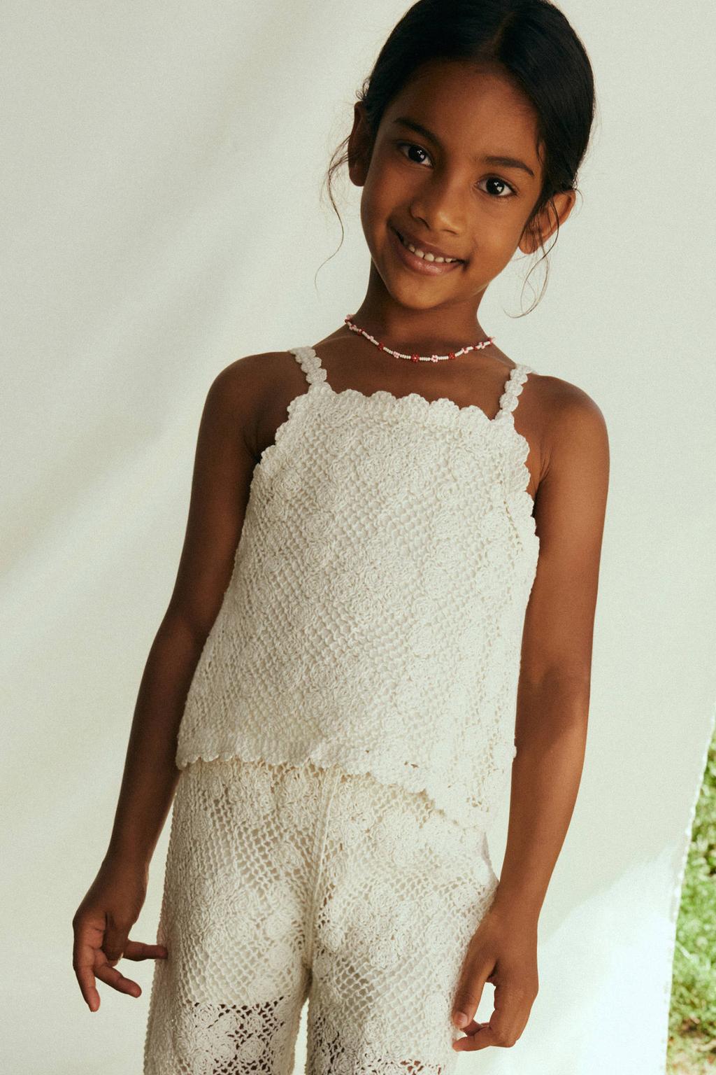 Ecru meisjes Mango Kids gehaakte gebreide top met effen, ronde hals en crochet