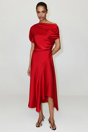 one shoulder midi jurk - rood