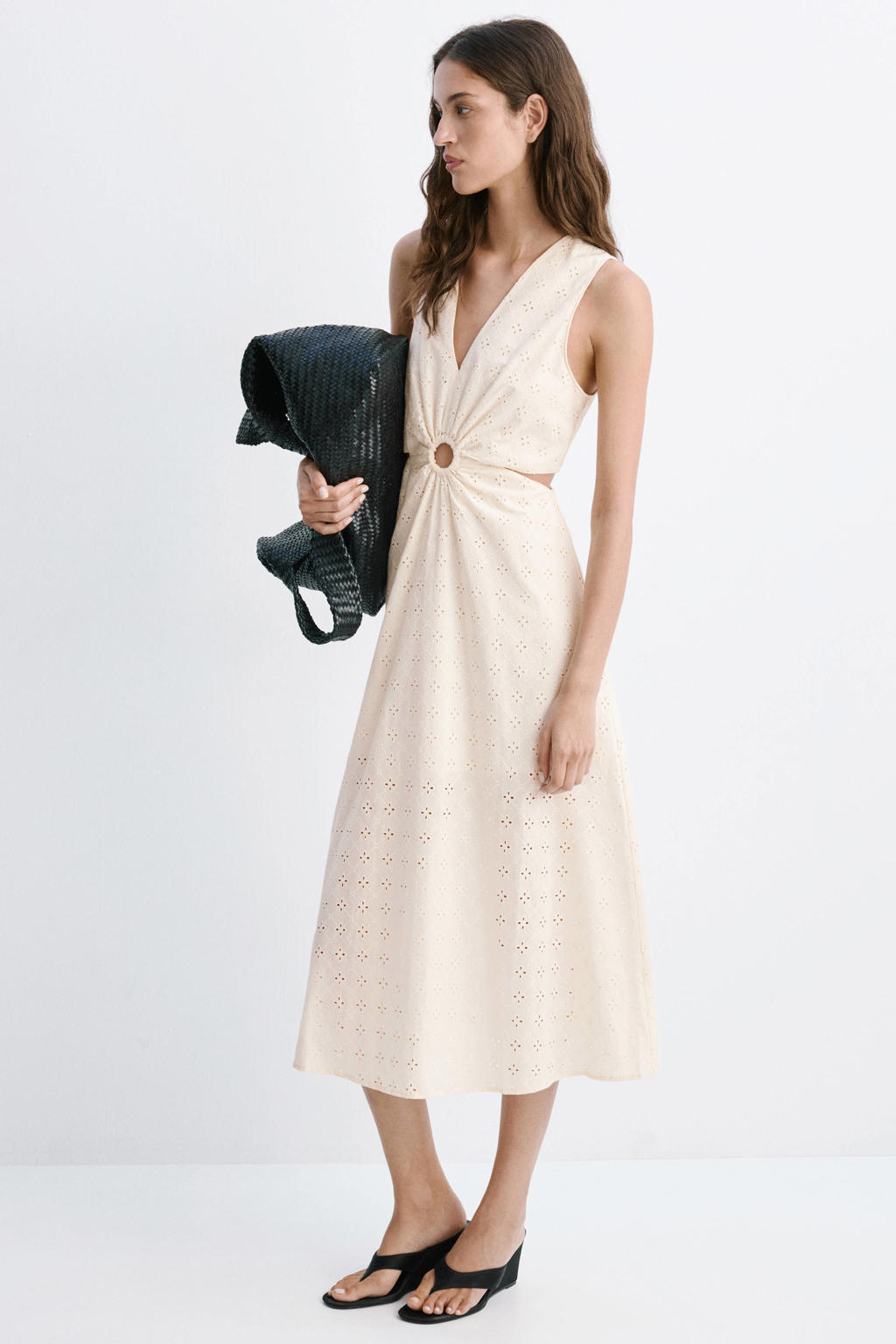 Mango broderie midi jurk - ecru