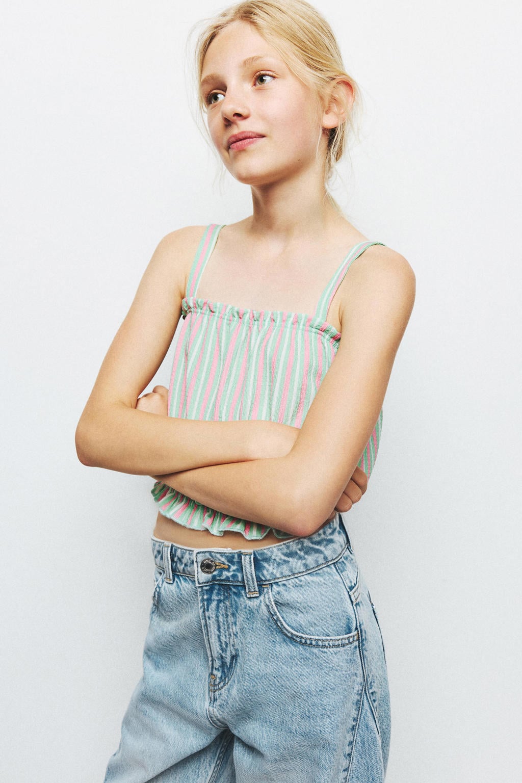 Mango Kids cropped gestreepte mouwloze top met ruches - mintgroen