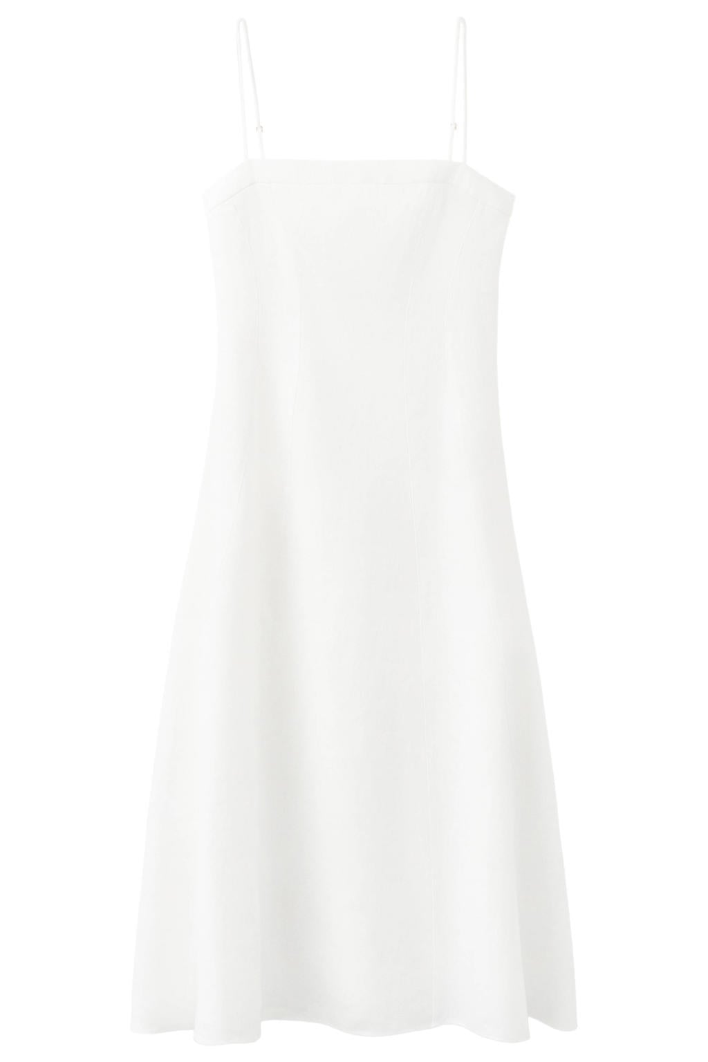 Witte dames Mango mini jurk van linnen met effen, spaghettibandjes, vierkante hals en ritssluiting