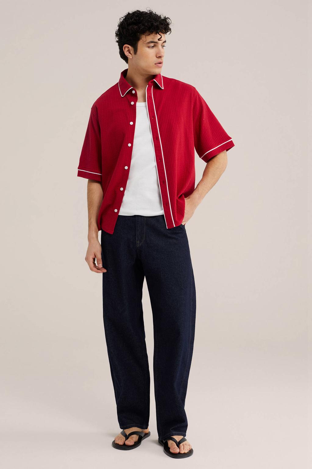 Rode heren WE Fashion relaxed fit overhemd van katoen met effen, korte mouwen en klassieke kraag
