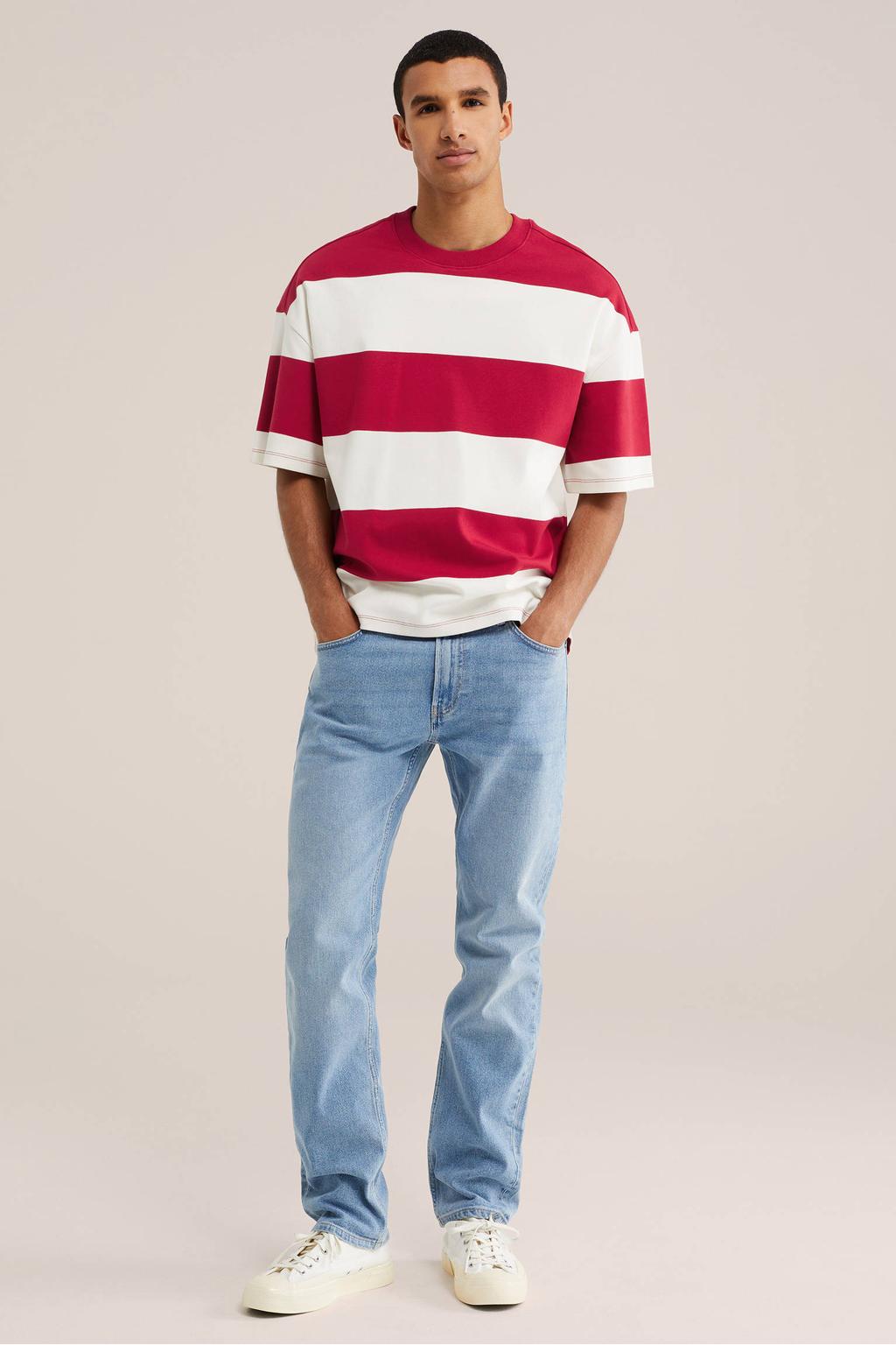 Rode heren WE Fashion boxy gestreepte T-shirt van katoen met korte mouwen en ronde hals